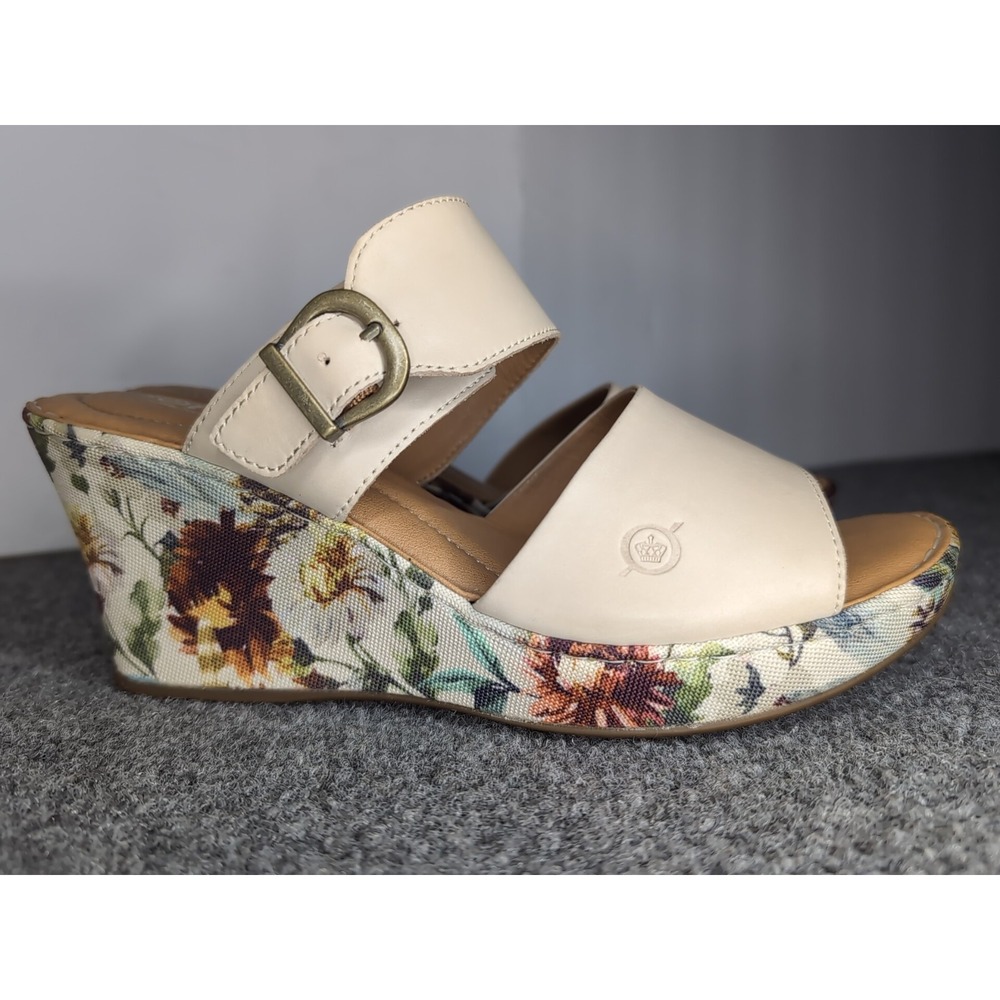 BORN Women's Wedge Sandals Size 10 M Floral Bottom VCJA22 Ivory Leather Slip On - Picture 3 of 11